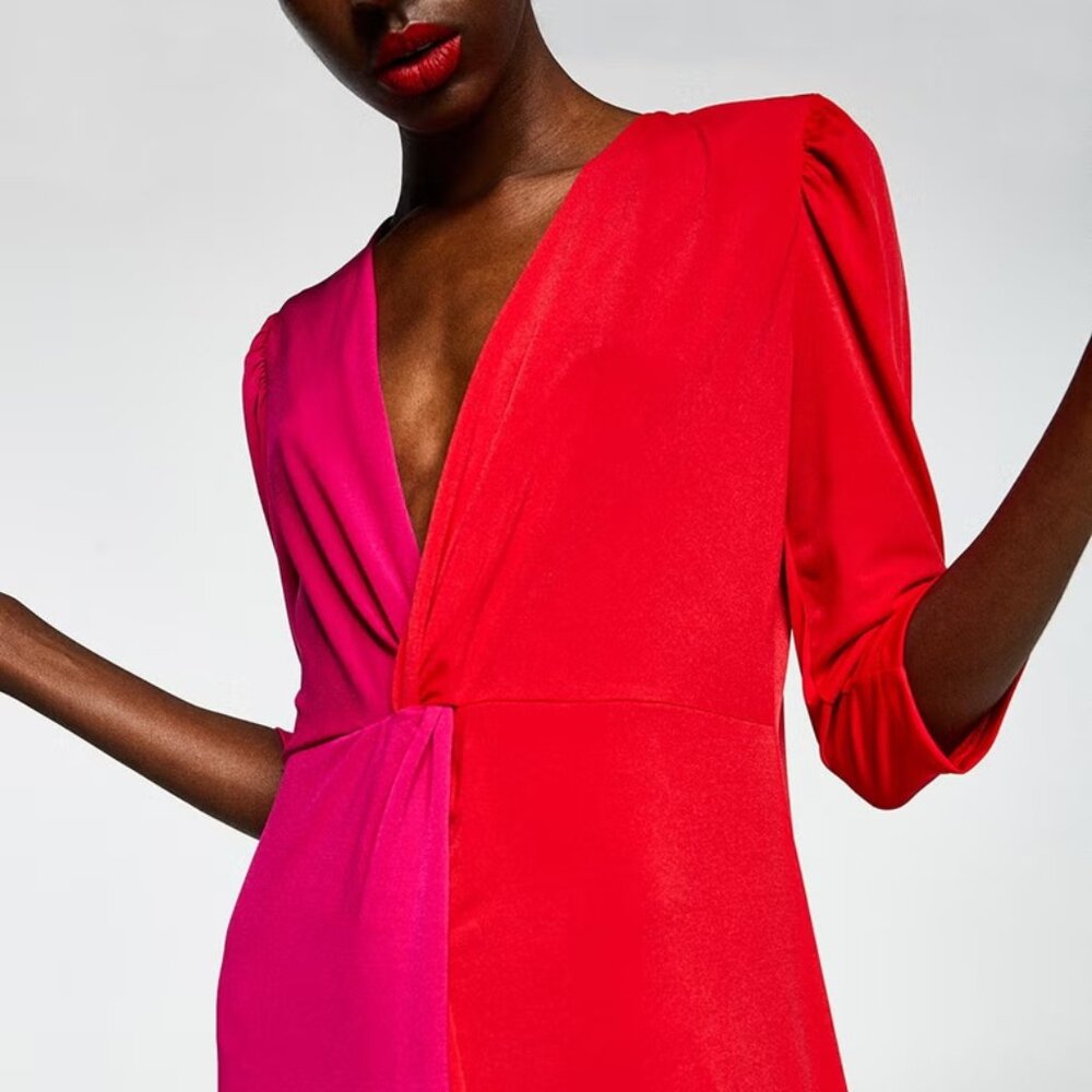 Sfera Collection Two-Tone Fuchsia Pink & Red Midi Dress Size Medium - Picture 3 of 14